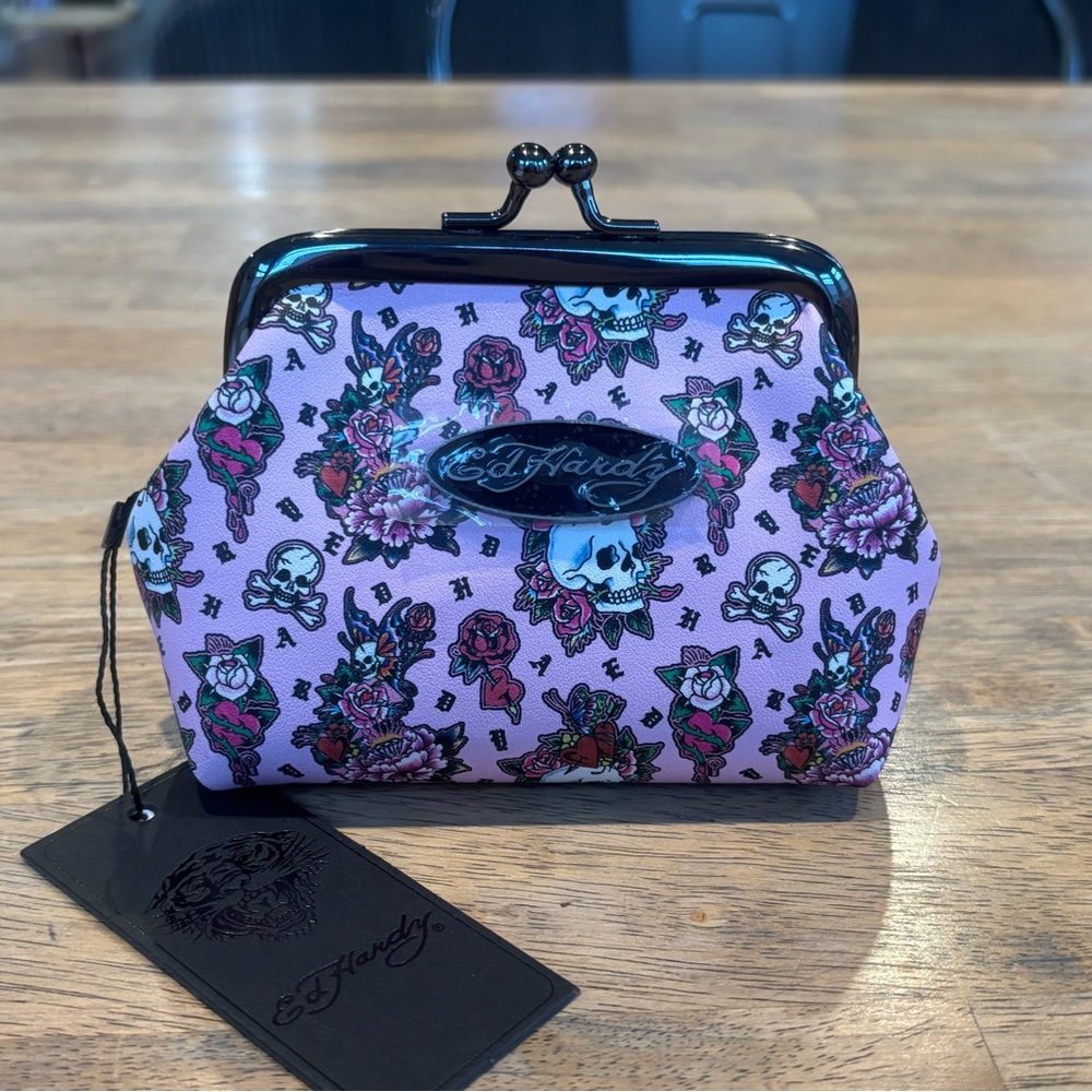 Ed Hardy Kiss-Lock Pink Skull & Rose Cosmetic Coin Purse NWT